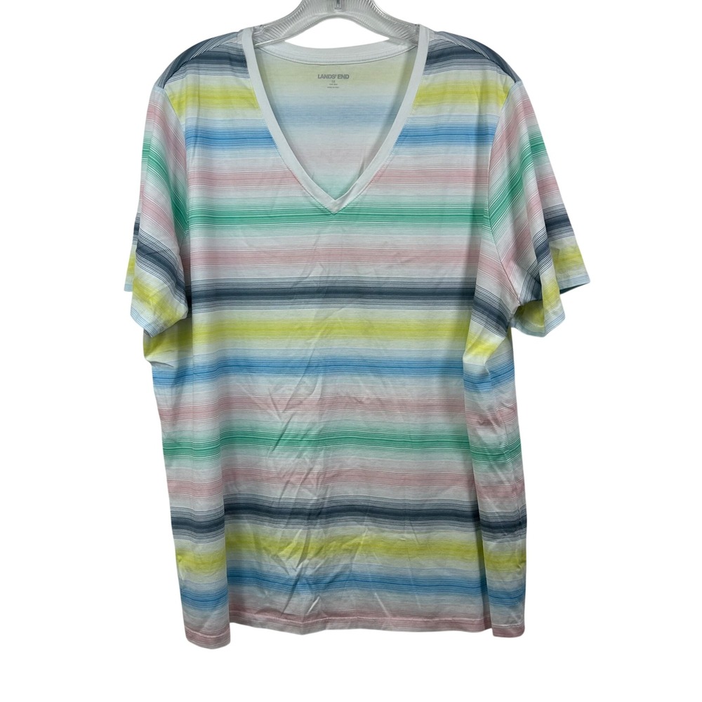 Lands End Womens 1X V-Neck Short Sleeve Multi Color Striped T-Shirt Top